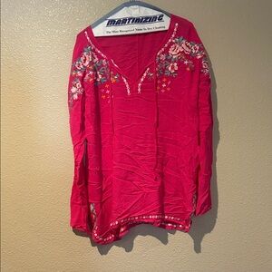 Peach Love California Pink Embroidered V-Neck Tunic